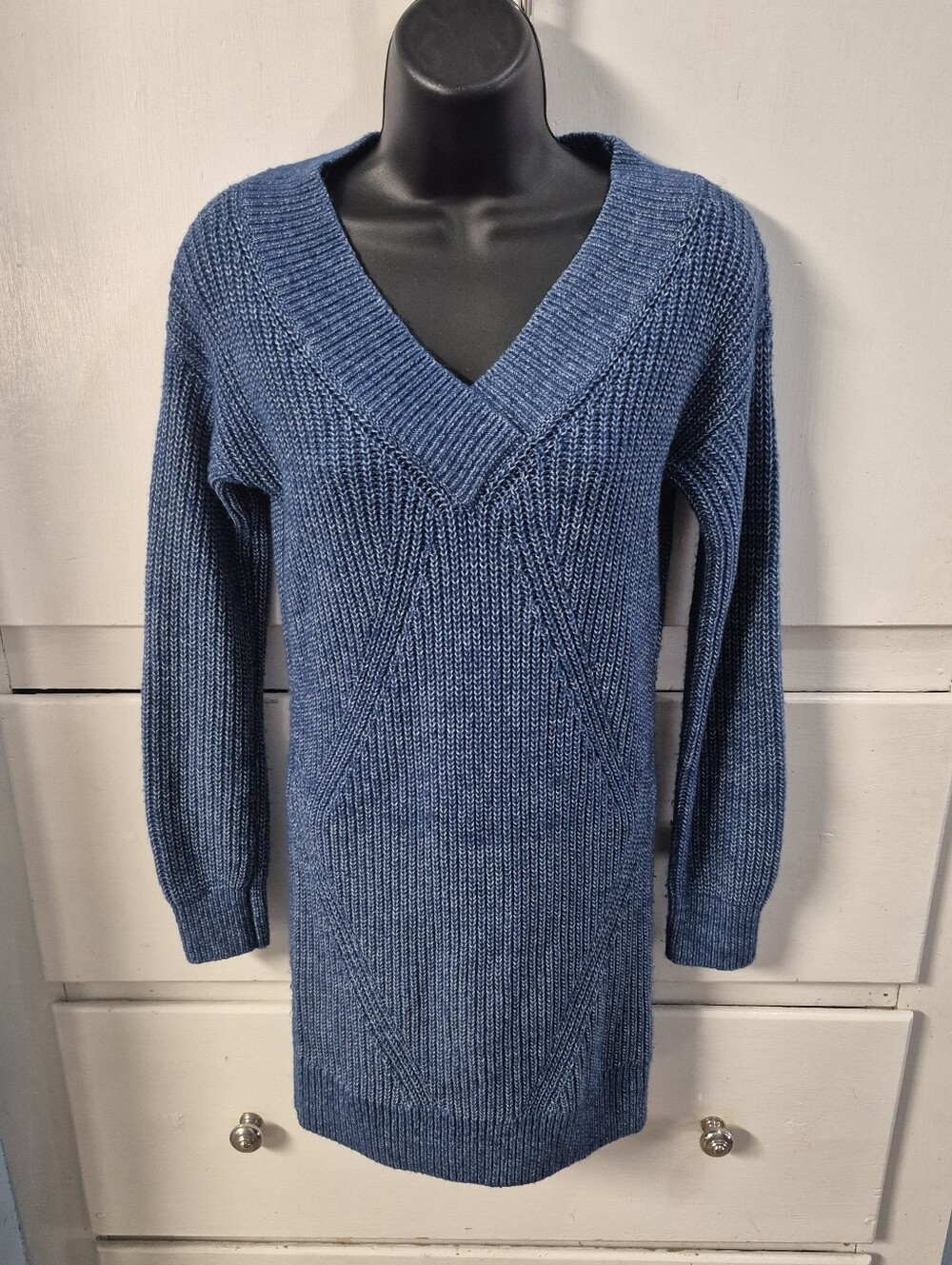 Abercrombie & Fitch Blue Marled Knit V-Neck Sweater Dress Long Sleeve Womens XS